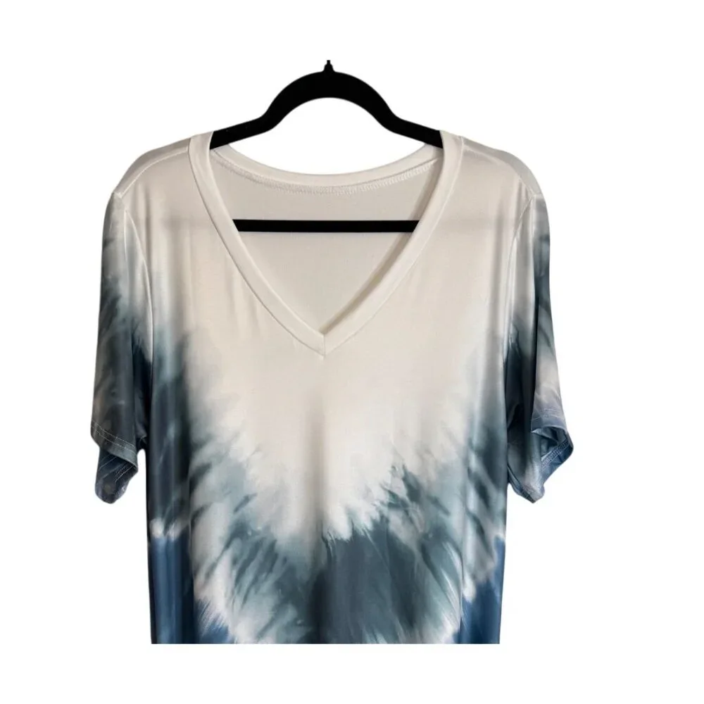 Boho M Tie-Dye Blue Beach Swim Coverup Maxi Dress V-Neck Short Sleeve Blue/White